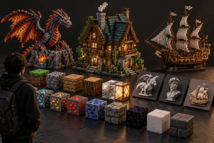 Eine kleine, übersichtliche Anordnung verschiedener Minecraft-Baumaterialien und Modelldatei-Kacheln auf anthrazitfarbenem Hintergrund.