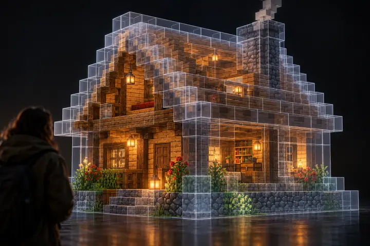 Der durchscheinende Umriss eines kleinen Häuschens aus Minecraft-Blöcken, der den Blick auf die Holzwände im Inneren freigibt, vor einem dunklen Hintergrund.