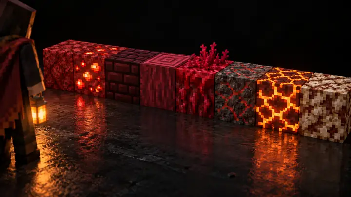 Eine ordentliche Reihe detailreich texturierter roter und erdfarbener Minecraft-Blöcke vor einem fast schwarzen Hintergrund.
