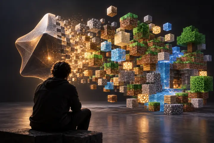 Eine 3D-Form, die sich vor einem anthrazitfarbenen Studiohintergrund in eine Ansammlung bunter Minecraft-Blöcke verwandelt.