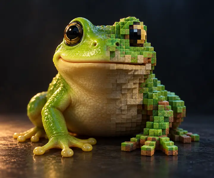 Ein freundlicher grüner Frosch in einem dunklen Studio: Seine linke Hälfte ist glatt gerendert, seine rechte Hälfte aus detailreichen Minecraft-Blöcken nachgebaut. Er sitzt mittig im Bild und ist sanft beleuchtet.