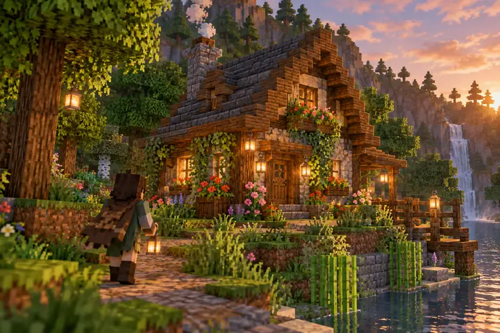 Ein gemütliches kleines Waldhäuschen aus Minecraft-Blöcken, mit Blumen neben der Tür.