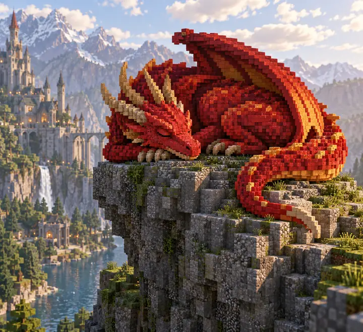 Ein kleiner roter Drache schläft zusammengerollt auf einem zerklüfteten Stein, dargestellt als farbenfrohe Skulptur aus Minecraft-Blöcken.