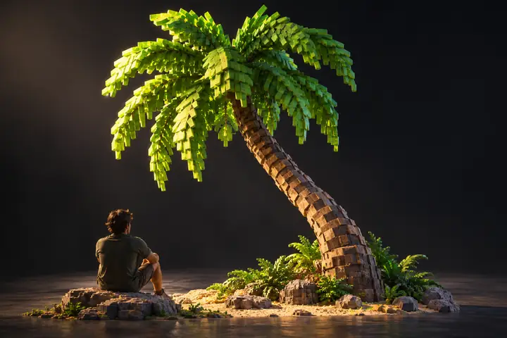 Eine üppige Palme mit gebogenem Stamm und leuchtend grünen, blockförmigen Blättern vor einem dunklen Studiohintergrund.