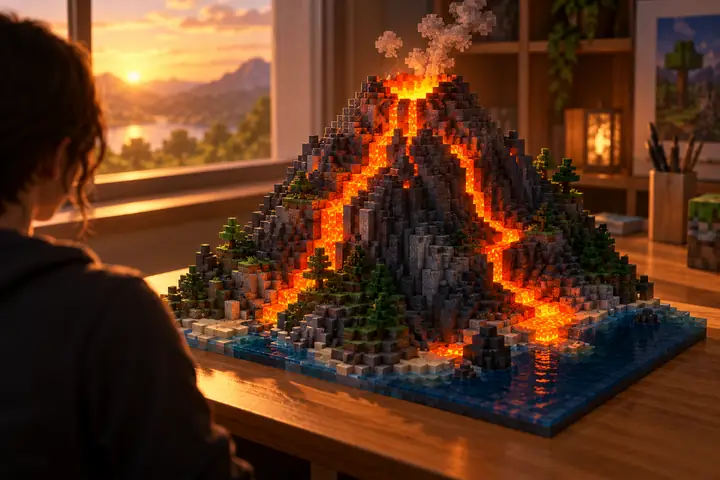 Ein Miniaturvulkan aus Minecraft-Blöcken, dessen orangefarbene Lava über dunkle Steinhänge fließt.