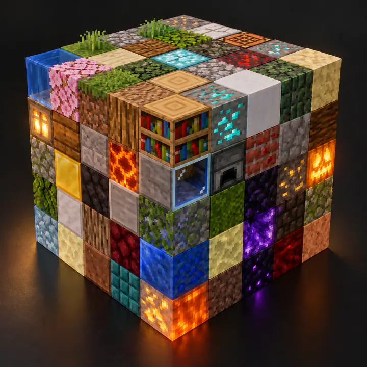Ein ordentlicher Würfel aus unterschiedlichen, kräftig gefärbten Minecraft-Blöcken vor anthrazitfarbenem Hintergrund.