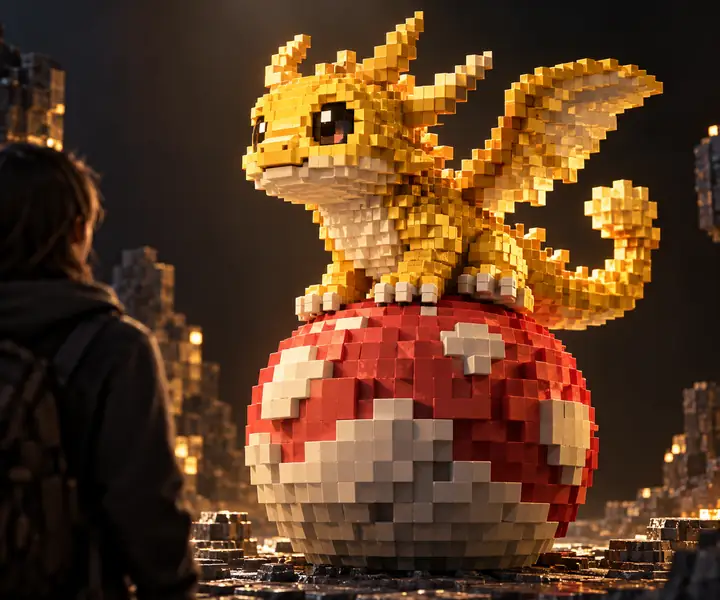 Ein fantasievolles goldenes Voxel-Wesen sitzt auf einer rot-weißen Blockkugel vor einem dunklen Studiohintergrund.