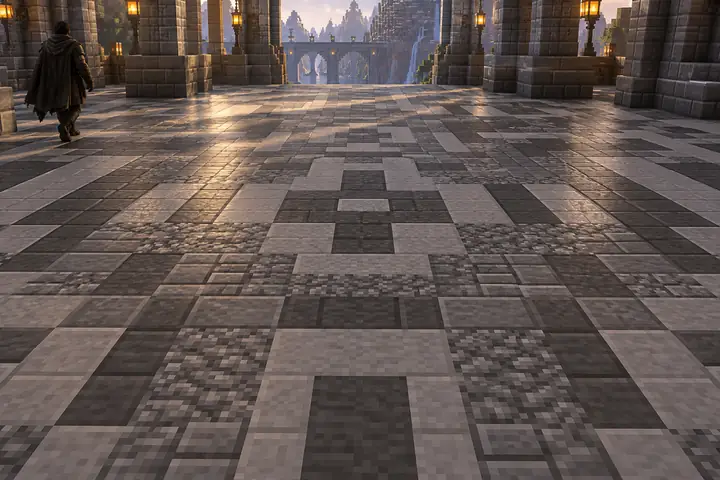 Eine Nahaufnahme eines sorgfältig gemusterten Bodens aus grauen Minecraft-Steinblöcken.