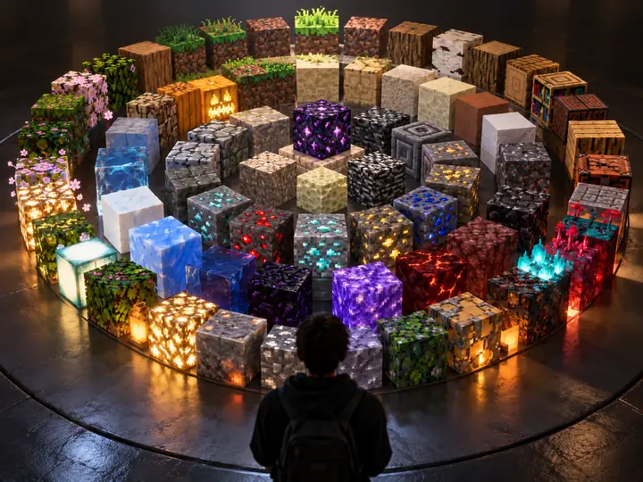 Eine kreisförmige Anordnung farbenfroher, sehr detaillierter Minecraft-Blocktexturen vor einem dunklen Studiohintergrund.