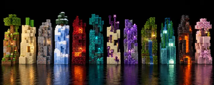 Eine horizontale Reihe kleiner Minecraft-Blocktürme in vielen Farben und Texturen vor schwarzem Hintergrund.