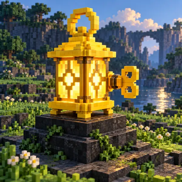 Ein leuchtend gelbes Voxel-Wesen, das sich um eine rot-weiße Kugel schmiegt.