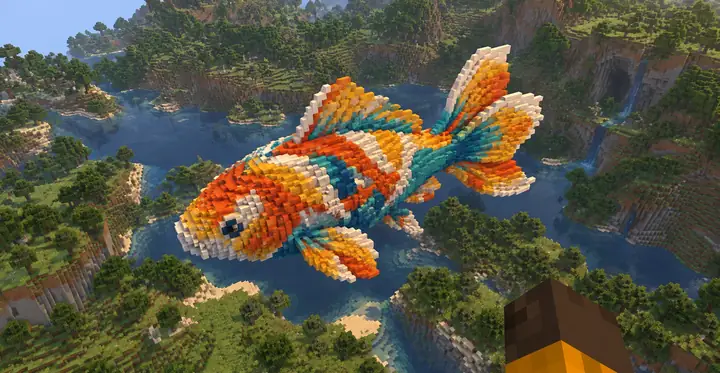 Ein farbenfrohes, fischförmiges Bauwerk aus Blöcken über einer Minecraft-Landschaft.