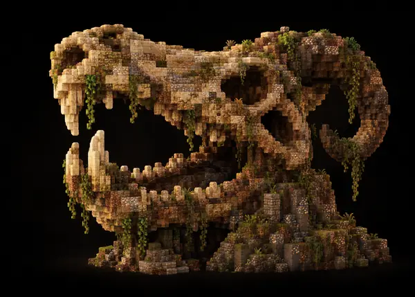 Eine eindrucksvolle Tierschädel-Skulptur aus erdfarbenen Minecraft-Blöcken.