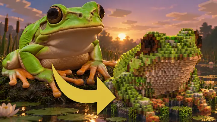 Ein grünes Froschmodell neben seiner großen Nachbildung aus Minecraft-Blöcken, mit einem gelben Pfeil dazwischen.