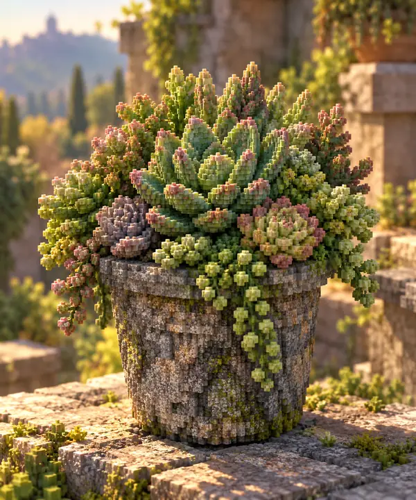 Eine üppige Sukkulente in einem Blumentopf aus Stein, dargestellt mit winzigen Minecraft-Blöcken.