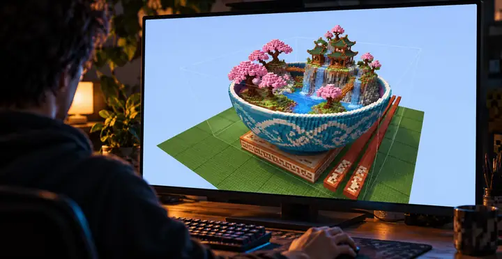 Ein Minecraft-Baueditor zeigt ein farbenfrohes, schüsselförmiges Modell in einem Browserfenster.