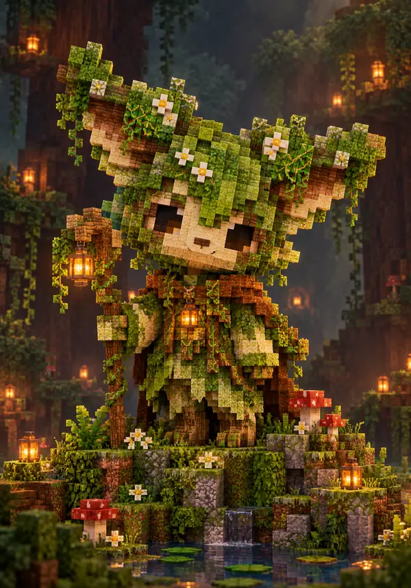 Ein kleiner grüner Fantasie-Waldcharakter, nachgebildet aus Minecraft-Blöcken.
