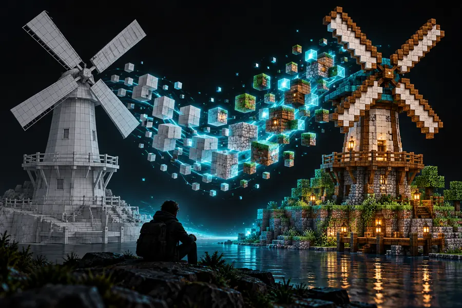 Illustrative block-built frog design used to represent a Minecraft-style result